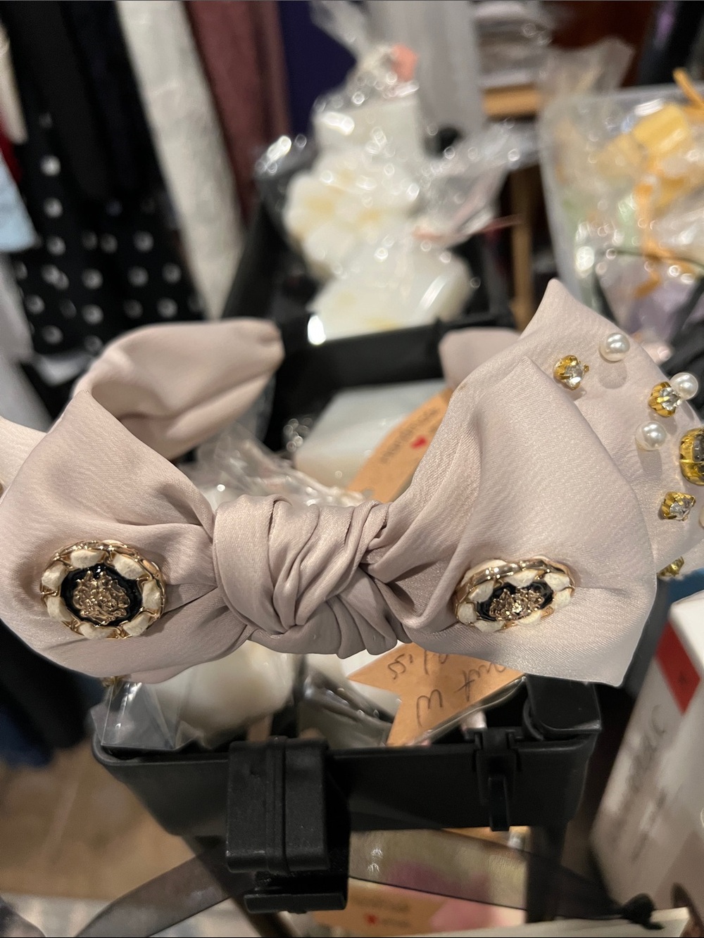 Elegant Taupe Knotted Hair Bow with Gold Accent